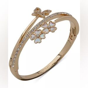 Gold-Tone Pavé Butterfly & Mother-of-Pearl Flower Bangle Bracelet NEW